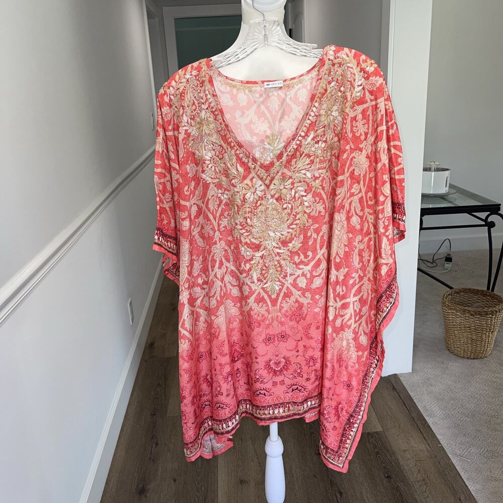 Sievya Handmade Blouse Embroidered Kimono Sleeve Boxy V Neck Orange Gold One SZ